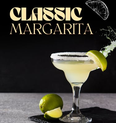 poster of a margarita with lime and splash a black background