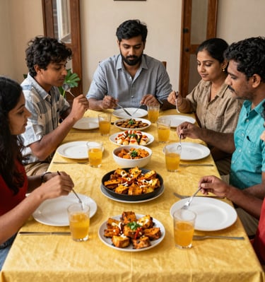 A family enjoying guilt-free snacks made with Fitswad marination masalas around a cozy dining table.