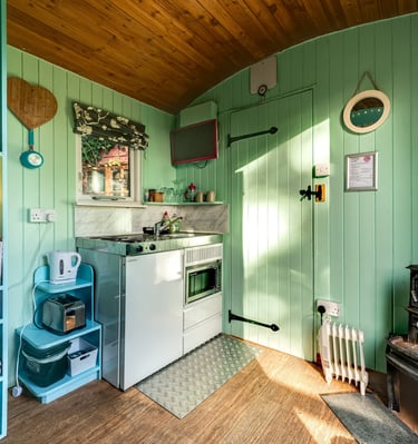 Cozy cabin interior featuring a kitchenette with green paneled walls and a rustic wood burning stove.