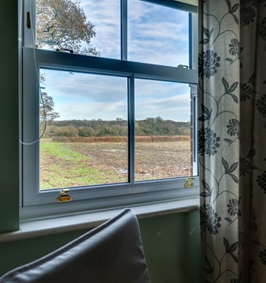 A white sash window with a view of a countryside landscape, rolling fields, and autumn trees.