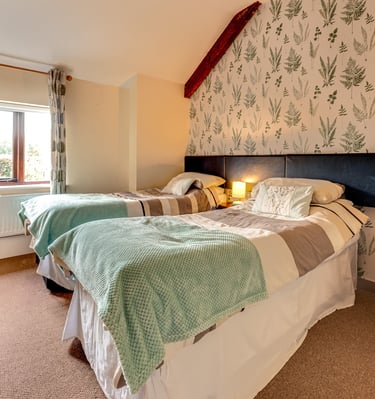 Cozy bedroom featuring a twin beds with blue pillows and floral patterned wallpaper.