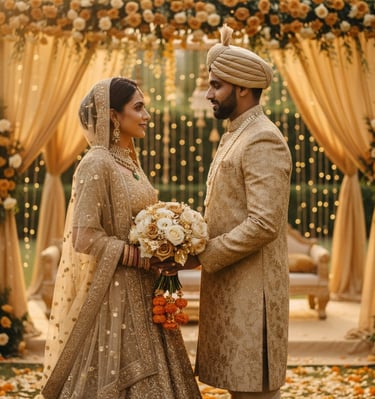 A bride and groom in traditional Indian wedding attire under a gold floral mandap.