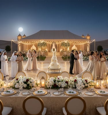 Luxury desert wedding reception with elegant floral tablescapes, a white tiered cake, and guests under a full moon.