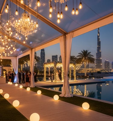 Luxury birthday party in a clear tent with chandeliers and Burj Khalifa views in Dubai.