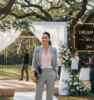 Professional wedding planner organizing an outdoor ceremony under oak trees with floral arch decor.