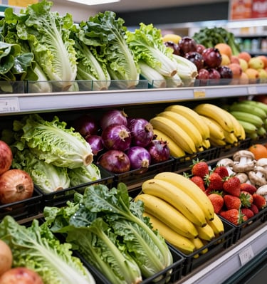 A vibrant display of fresh fruits and vegetables from Country Fruit Bathurst, showcasing colorful produce stacked neatly.