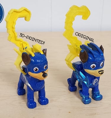 A comparison of a 3D-printed replacement hook and an original PAW Patrol Chase toy accessory.