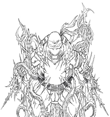 A black and white sketch of a mutant turtle character entwined with sharp thorns and octopus tentacles.