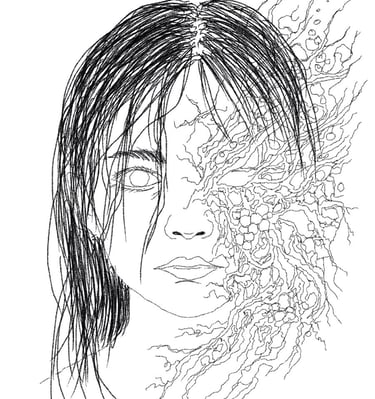A haunting digital ink drawing of a woman's face, with the right side disintegrating into intricate, organic, root-like