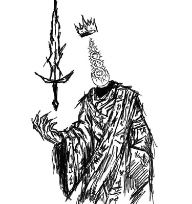 Dark fantasy ink sketch of a hooded spectral king with a crown and a floating jagged sword.
