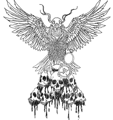 Gothic black and white line art of a crow with antlers perched on a pile of melting skulls.