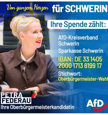 Ihre Spende für einen genialen Oberbürgermeister-Wahlkampf in Schwerin. Petra Federau OB!