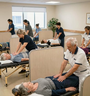 A senior man reclining peacefully during a massage session, surrounded by calming cream-colored decor.