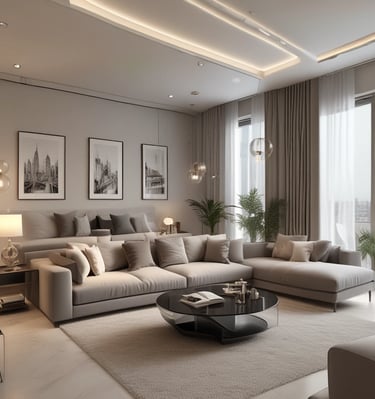 Modern real estate property featuring sleek black and cyan blue accents with shimmering gold starbursts in the sky.