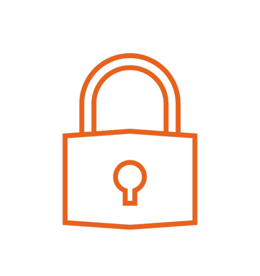 An orange line art padlock icon representing digital security and data privacy on a black background.