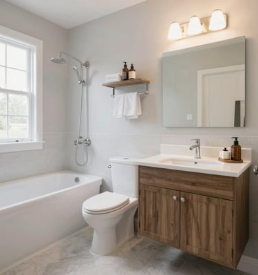 Close-up of custom cabinetry and polished fixtures in a recently remodeled Georgia bathroom.