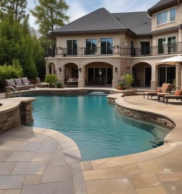 a large pool with a patio and lounge chairs