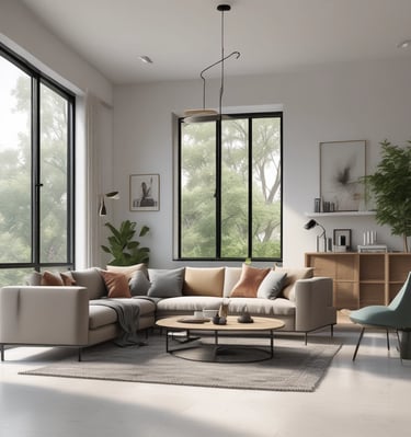 Brightly lit modern living room after professional painting and furniture installation.