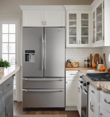 Image of a spacious kitchen with a technician checking a large freezer unit