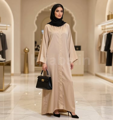 Elegant hijabi model draped in a deep plum abaya with gold arabesque details, posed against a royal purple gradient backdrop with subtle Islamic geometric patterns.