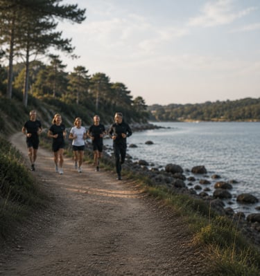 Small group en séance training au bord de l'eau le matin