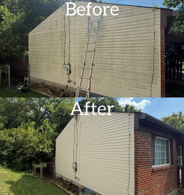 Before and after comparison of professional vinyl siding power washing on a residential home.