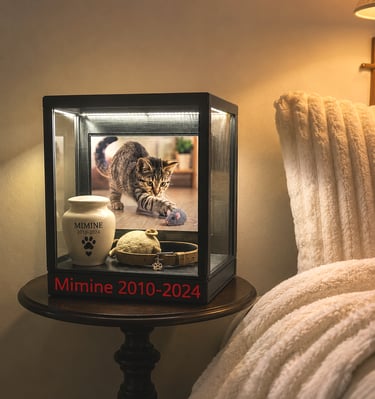 Pet memorial display case with a kitten photo, urn, and "MIMINE 2010-2024" inscription.