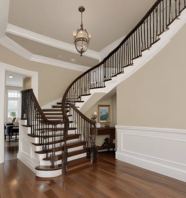 Close-up of a painter’s hand applying a smooth coat of light gray paint on an interior wall.