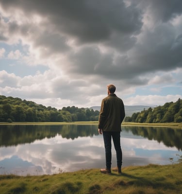 An outdoor shot featuring someone wearing brand clothing, standing confidently in nature during golden hour.