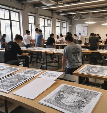A candid photo of a cozy workspace with sketchbooks and fabric swatches, showing the brand's creative beginnings.
