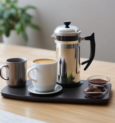 A minimalist flat lay of the brand’s logo on a textured fabric alongside a steaming cup of coffee.