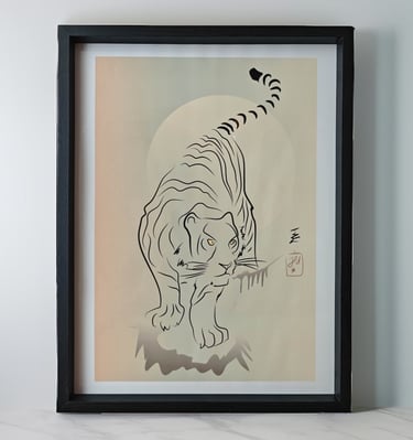Affiche illustrée d'un tigre fait au trait, minimaliste, style estampe japonaise