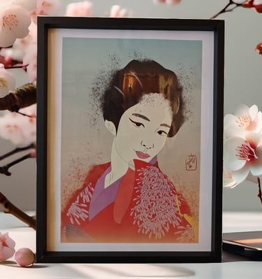 Affiche illustrée minimaliste d'un portrait d'une japonaise, en habit rouge à motif à fleurs et cheveux noirs