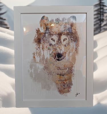 Affiche encadrée aquarelle d'un loup coloré, qui regarde droit devant avec des yeux perçants