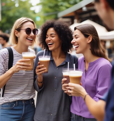 A group of friends laughing and holding different ice latte beverages at an outdoor market stall.