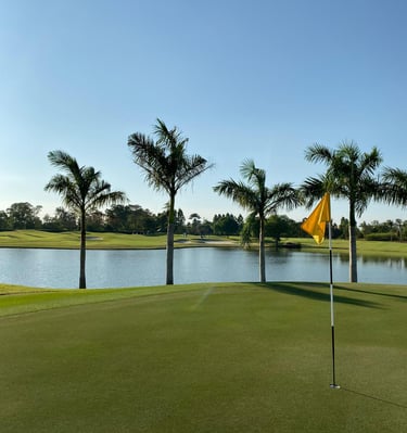 a golf course with a yellow flag and palm trees