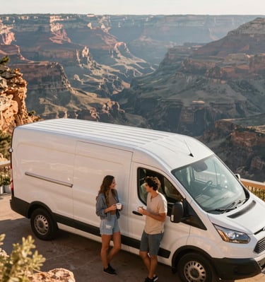 Couple enjoying morning coffee on the roof deck of their rental van overlooking a canyon