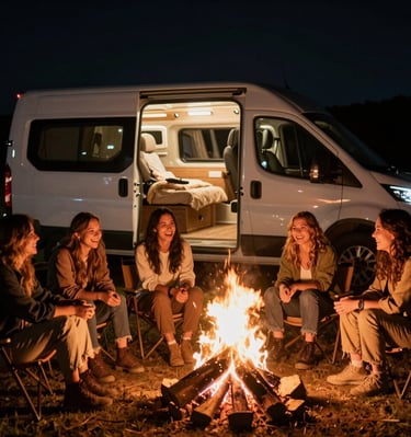 Friends laughing around a campfire next to their cozy rental van