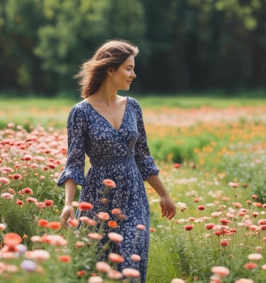 A sunlit spring outfit featuring a flowing dress and delicate accessories on a minimalist backdrop.