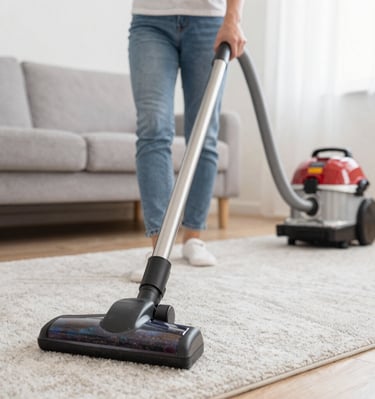 Team member vacuuming a cozy, well-lit apartment interior