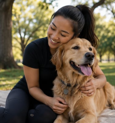 A smiling woman hugging her golden retriever dog while sitting on a blanket in a sunny park.