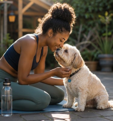 A smiling woman in yoga clothes petting her small fluffy dog on a patio after a workout.