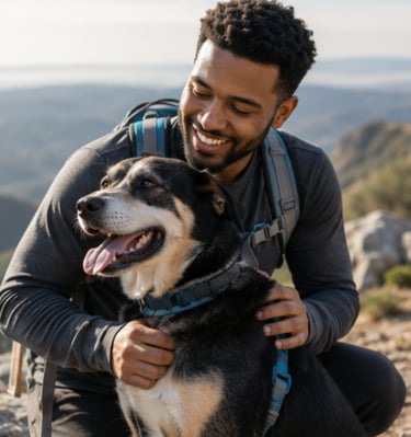 A smiling man hiking with his large black and tan dog on a mountain trail overlooking a valley.