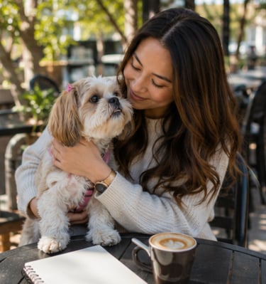 A smiling woman cuddling her Shih Tzu dog at an outdoor cafe with a latte and notebook.