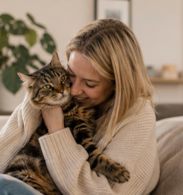 A smiling woman in a cozy sweater hugging her fluffy tabby cat on a couch at home.