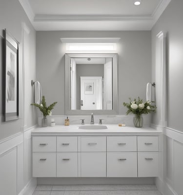 Close-up of a painter’s brush applying light blue paint on a smooth wall.