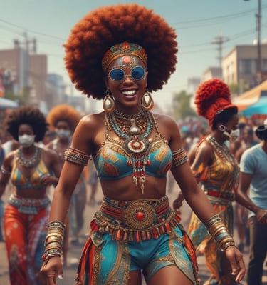 A lively street performance with dancers in colorful traditional attire moving to afrobeat music.