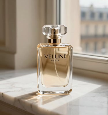 Velune Paris luxury perfume bottle on elegant marble surface