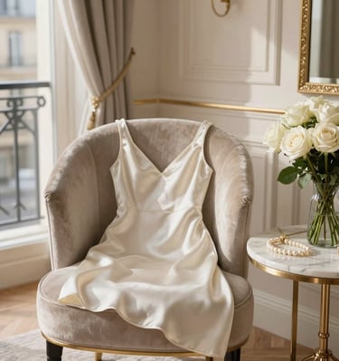 Luxury Parisian apartment with silk dress and pearl jewelry Velune Paris lifestyle