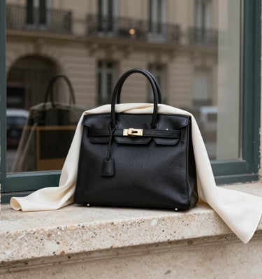 Black leather handbag on travertine stone Velune Paris collection